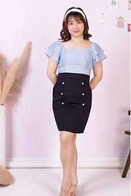 Double Frill Sleeve Pearl Detail Pencil Dress (Light Blue)